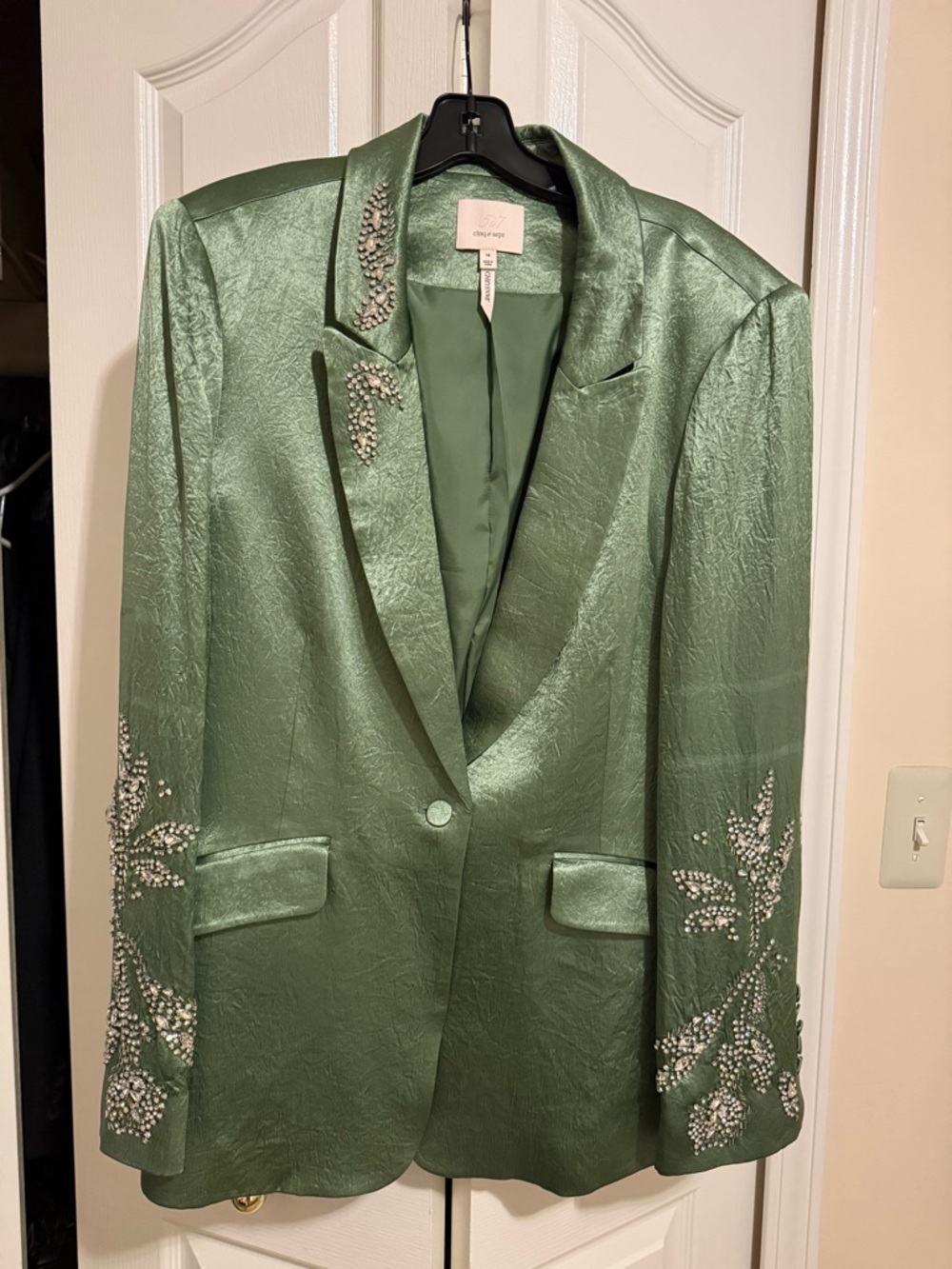 Cinq a sept  Green Satin Blazer with Rhinestone Embellishment